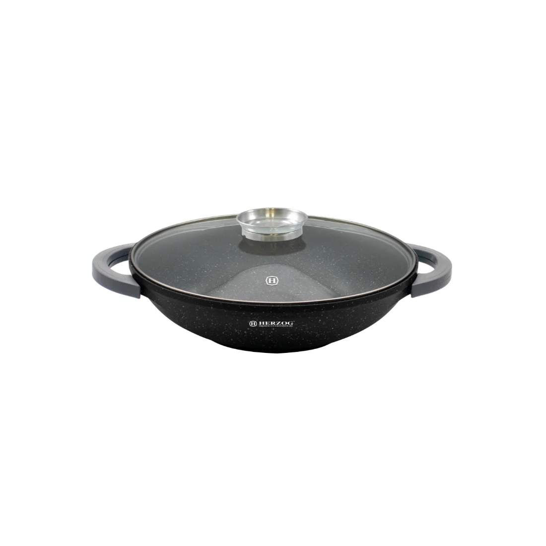 Herzog HR-5230: 36 cm marmorbelagd wok med glaslock Aromaknopp - 6,2L | Hem & Hobby - Hem & Hushåll - Kök - Köksredskap - Lock | Pryloteket