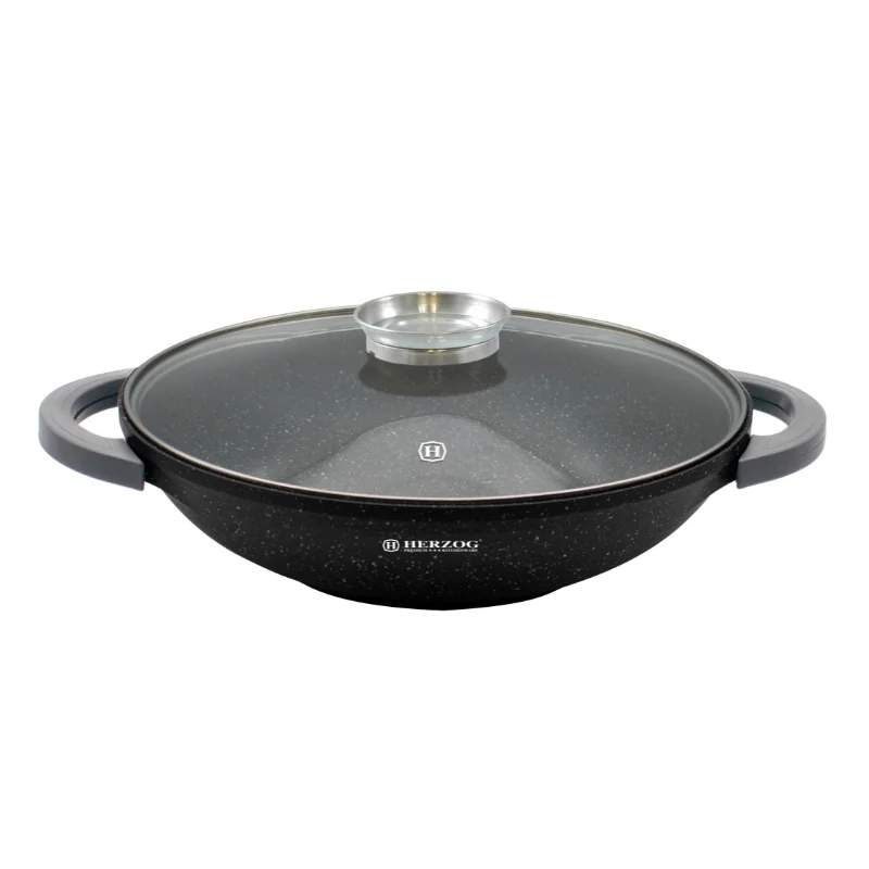 Herzog HR-5230: 36 cm marmorbelagt wok med glaslåg Aromaknop - 6,2L
