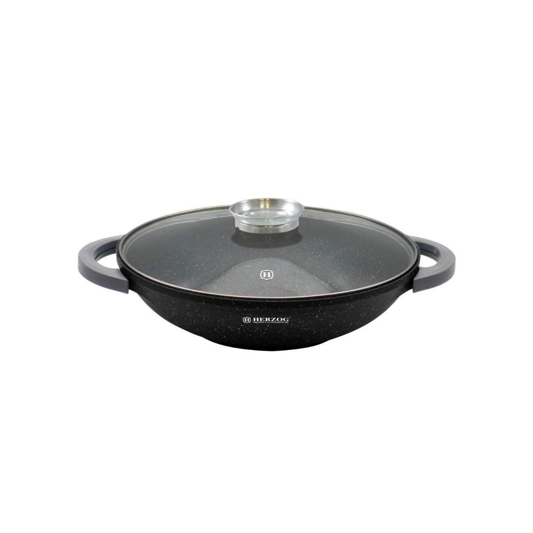 Herzog HR-5231: 40 cm marmorbelagd wok med glaslock Aromaknopp - 8,5L | Hem & Hobby - Hem & Hushåll - Kök - Köksredskap - Lock | Pryloteket