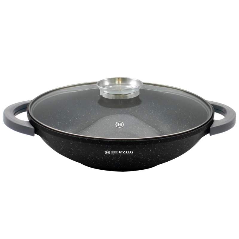 Herzog HR-5231: 40 cm marmorbelagt wok med glaslåg Aromaknop - 8,5 L