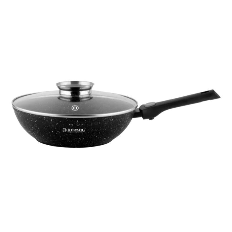 Herzog HR-3617: 28 cm marmorbelagt wok med aromaknoplåg og aftageligt håndtag