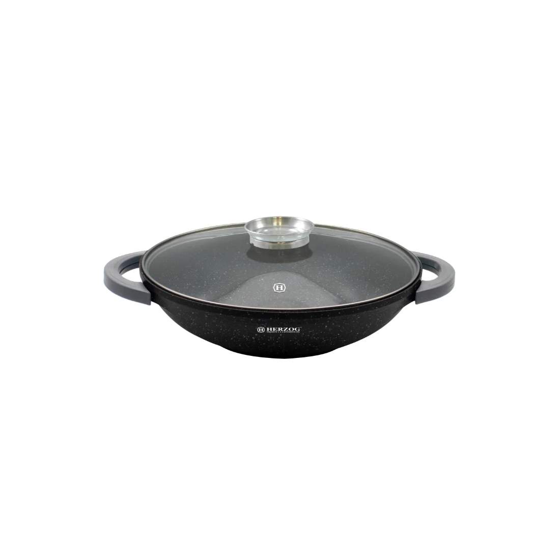 Herzog HR-5229: 32 cm marmorbelagd wok med glaslock Aromaknopp - 4,3L | Hem & Hobby - Hem & Hushåll - Kök - Köksredskap - Lock | Pryloteket