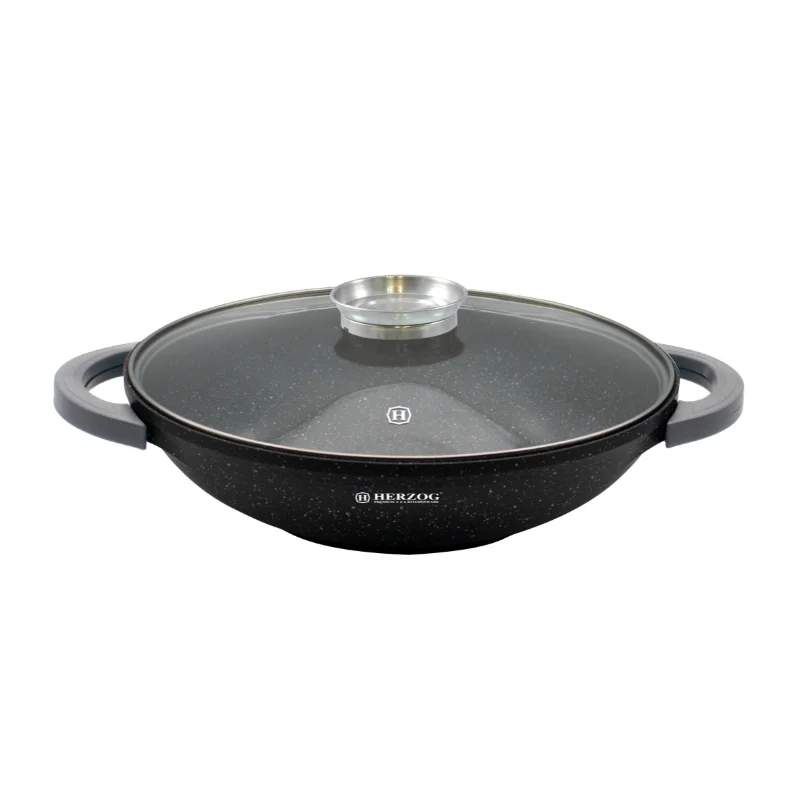 Herzog HR-5229: 32 cm marmorbelagt wok med glaslåg Aromaknop - 4,3L