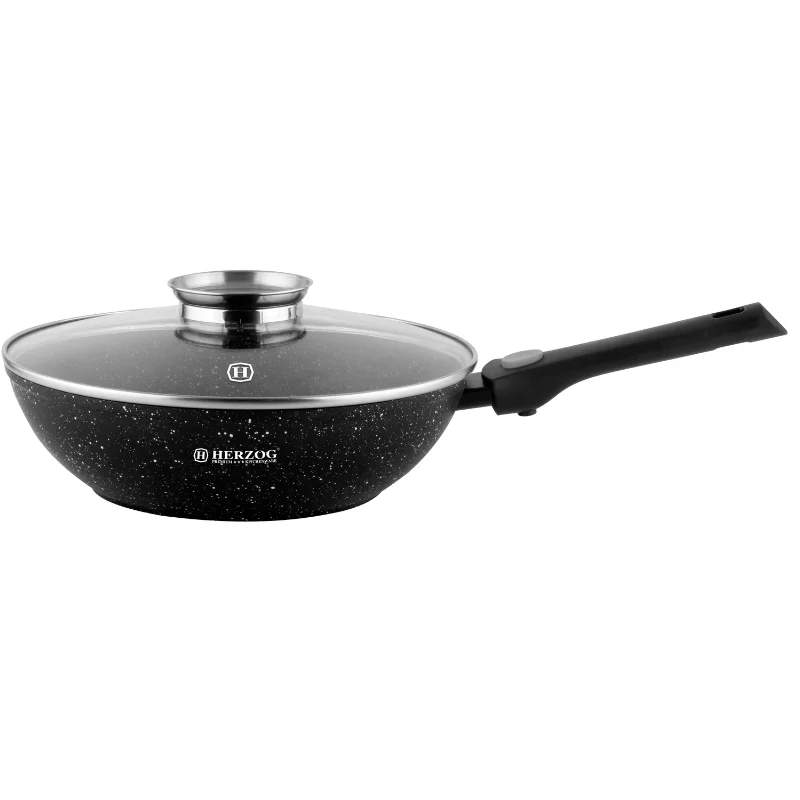 Herzog HR-3618: 32 cm marmorbelagt wok med aromaknoplåg og aftageligt håndtag