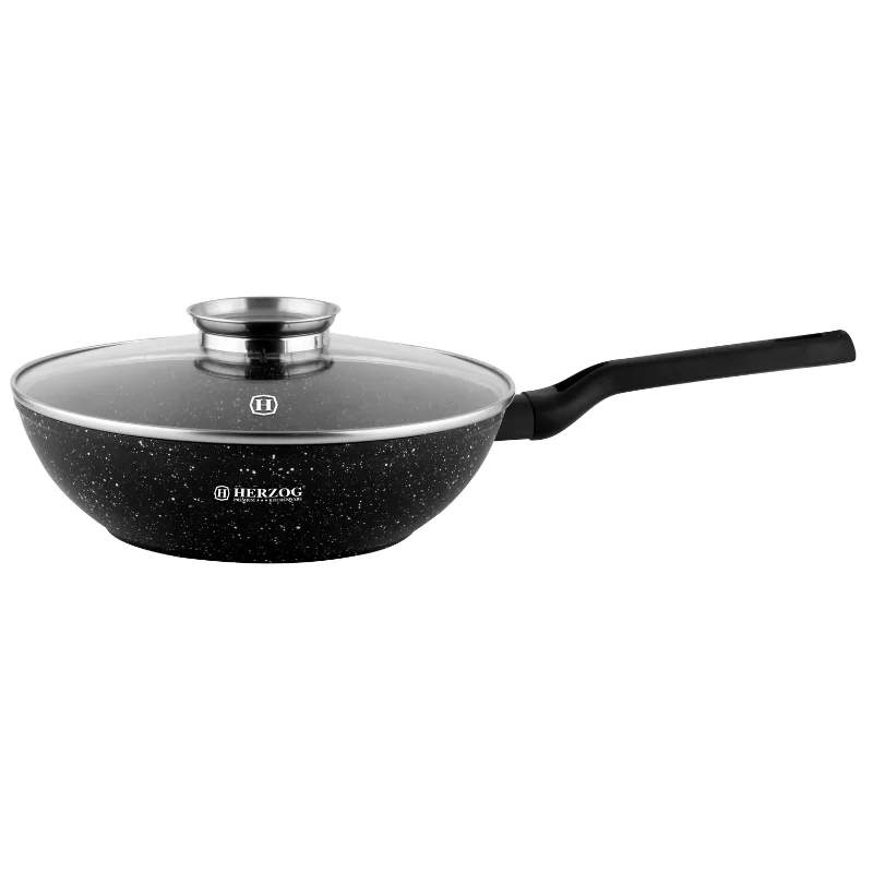 Herzog HR-2617: 28 cm marmorbelagt wok med glaslåg med aromaknop