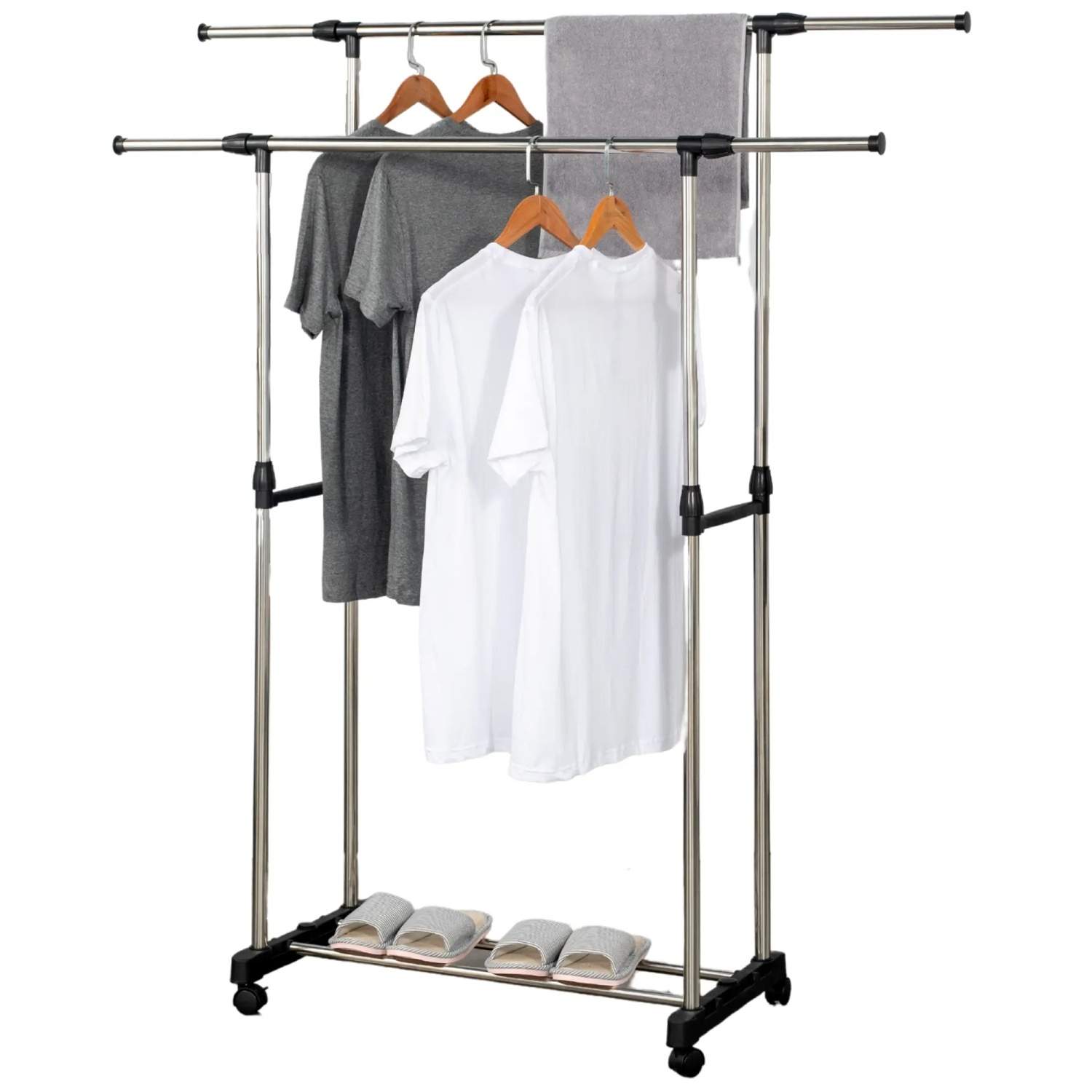 Herzberg HG-03251: Justerbar dobbeltstang, rullende tøjstativ