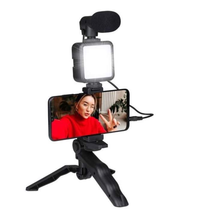 Grundig ED-38135: 3-i-1 Selfie Studio Vlogging Kit med belysning, mikrofon og stativ