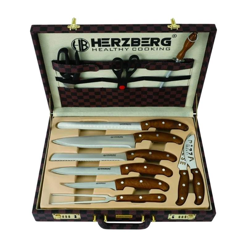 Herzberg HG-K25LB: 25-delt kniv- og bestiksæt med attachetaske