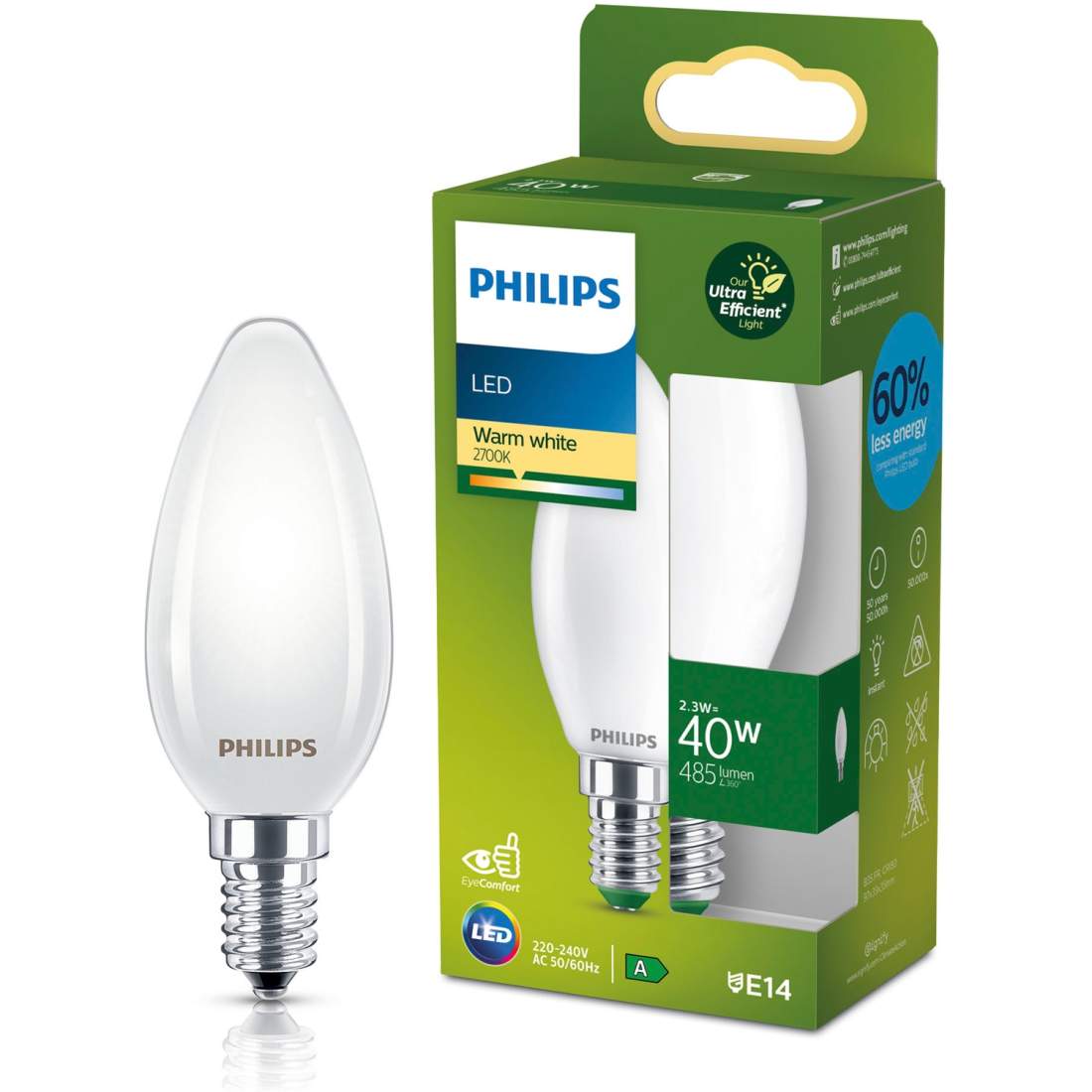 LED E14 Kron B35 2,3W (40W) Frostad 485lm 2700K Energiklass A | Sport & Fritid - Friluftsliv & Camping - Belysning | Pryloteket
