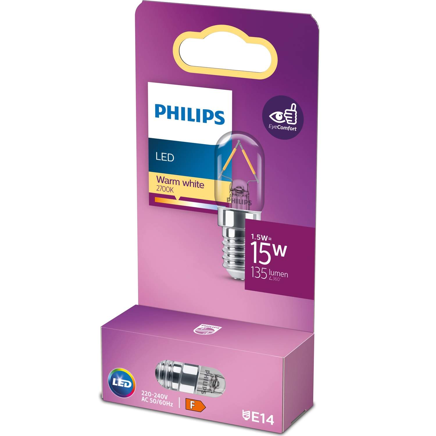 Philips - LED-filament-lyspære - form: T20 - klar finish - E14 - 1.5 W (tilsvarende 15 W) - klasse F - varmt hvidt lys - 2700 K
