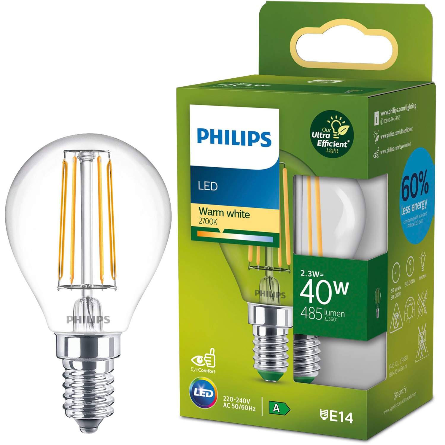 LED E14 Globe P45 2,3W (40W) Klar 485lm 2700K Energiklasse A billede