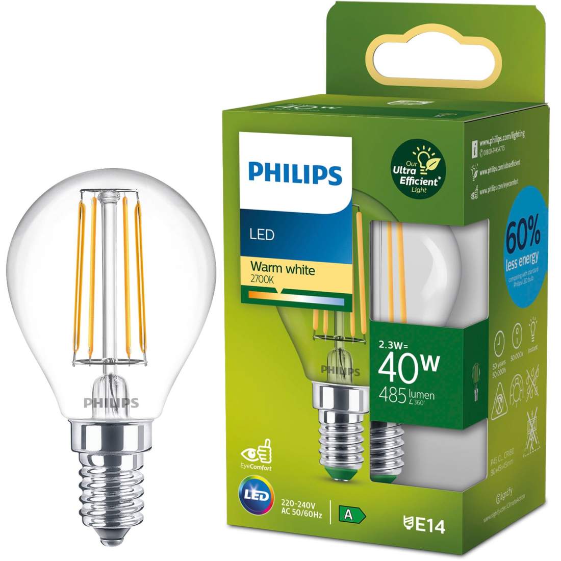 LED E14 Klot P45 2,3W (40W) Klar 485lm 2700K Energiklass A | Sport & Fritid - Friluftsliv & Camping - Belysning | Pryloteket