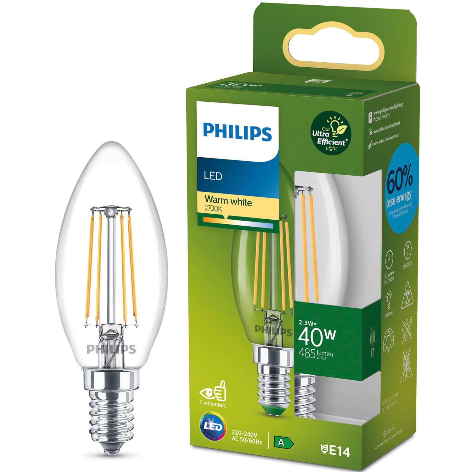 LED E14 Crown B35 2,3W (40W) Klar 485lm 2700K Energiklasse A