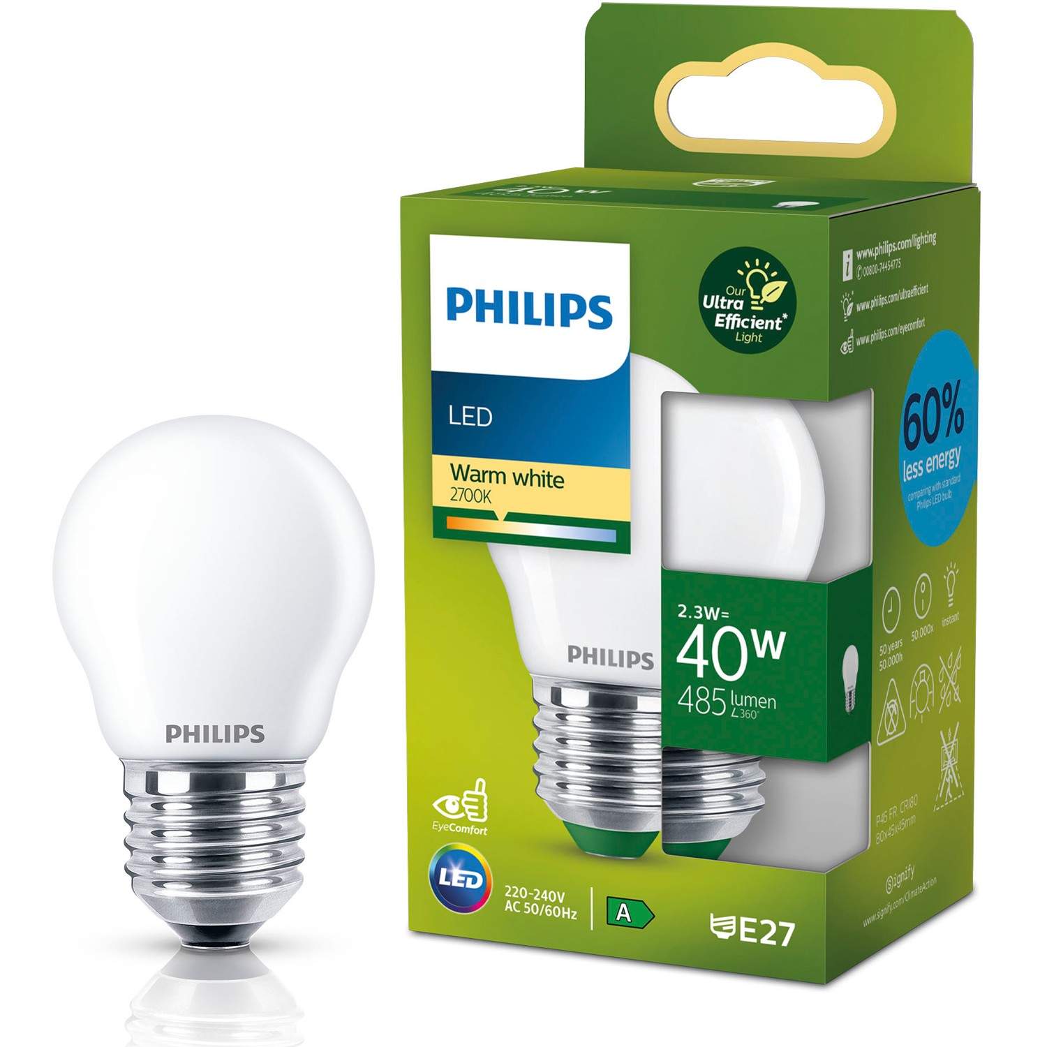 LED E27 Globe P45 2,3W (40W) Frosted 485lm 2700K Energiklasse A