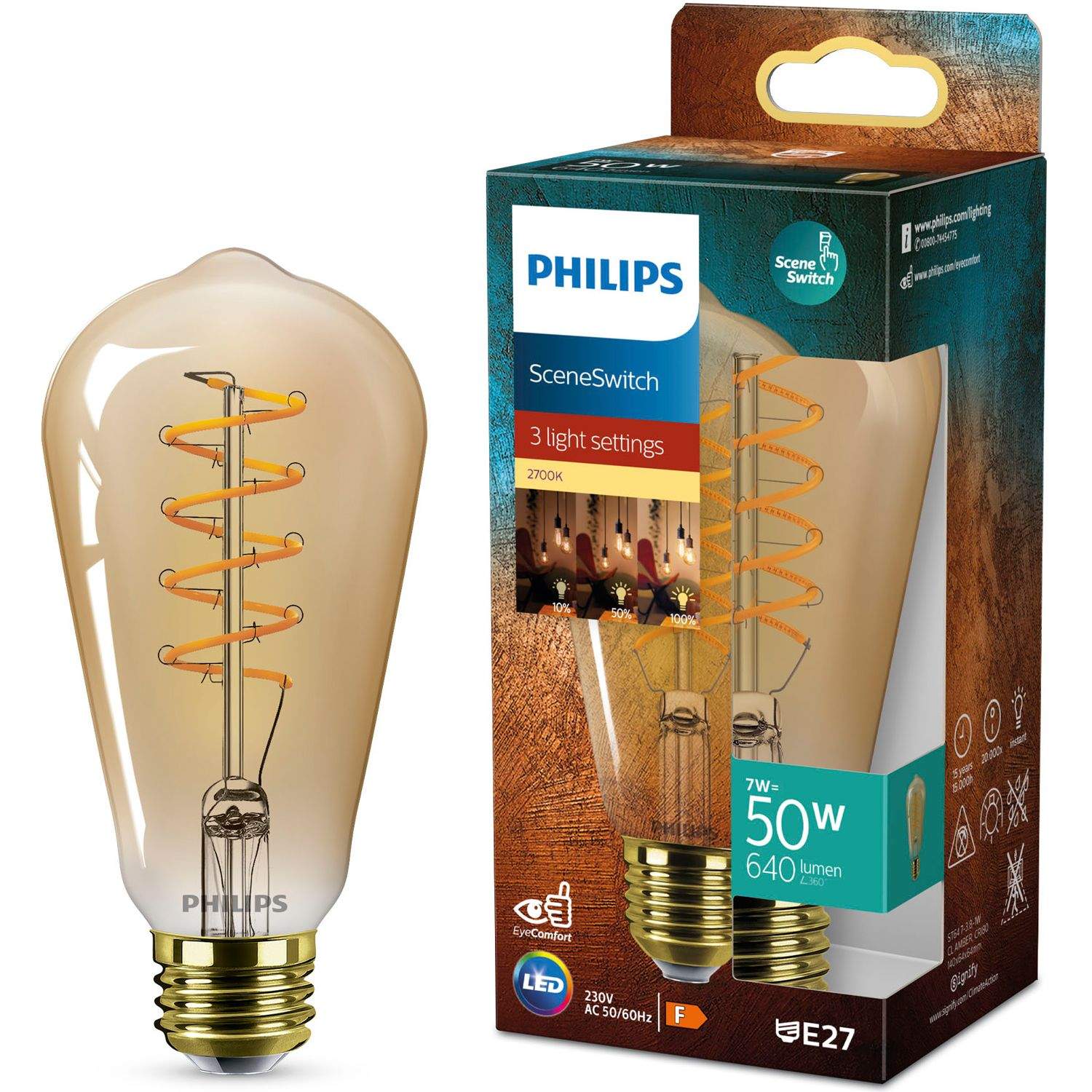 Philips LED pære Filament ST64 7W/827 (50W) SceneSwitch amber E27