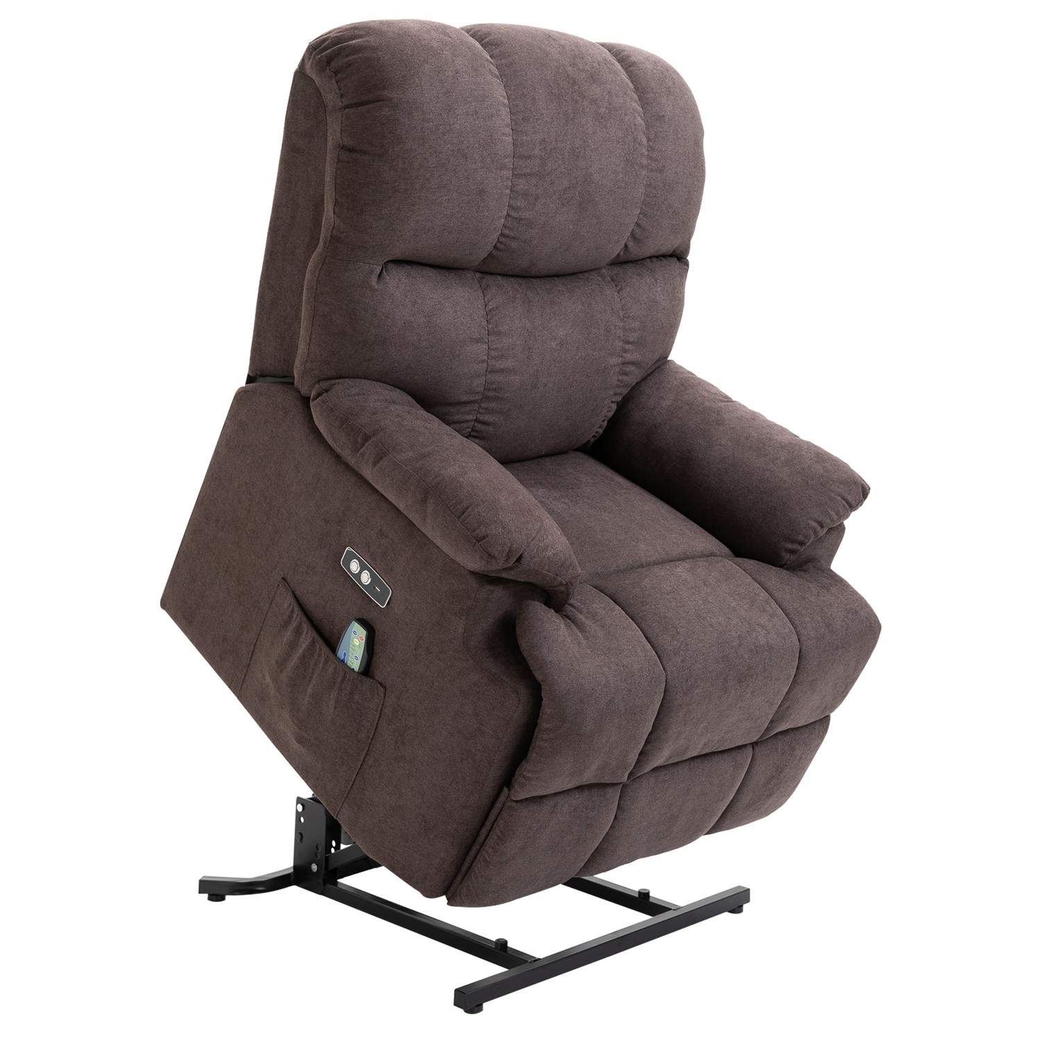 Massagestol med ståhjælp, afslapningsstol med varmefunktion, justerbar vinkel, USB fjernbetjening, kort plys, brun, 83x95x105cm