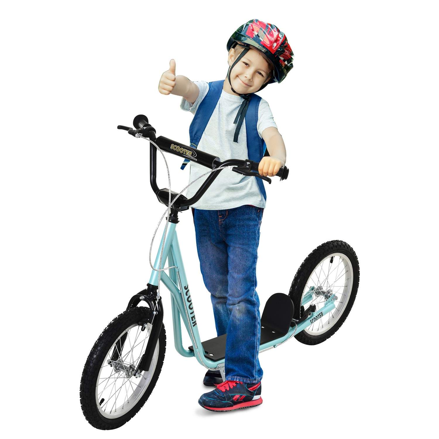 Børnescooter, foldbar sparkescooter med pneumatiske dæk og håndbremse, cityscooter, eventyr for børn fra 5 år og derover, 16 tom
