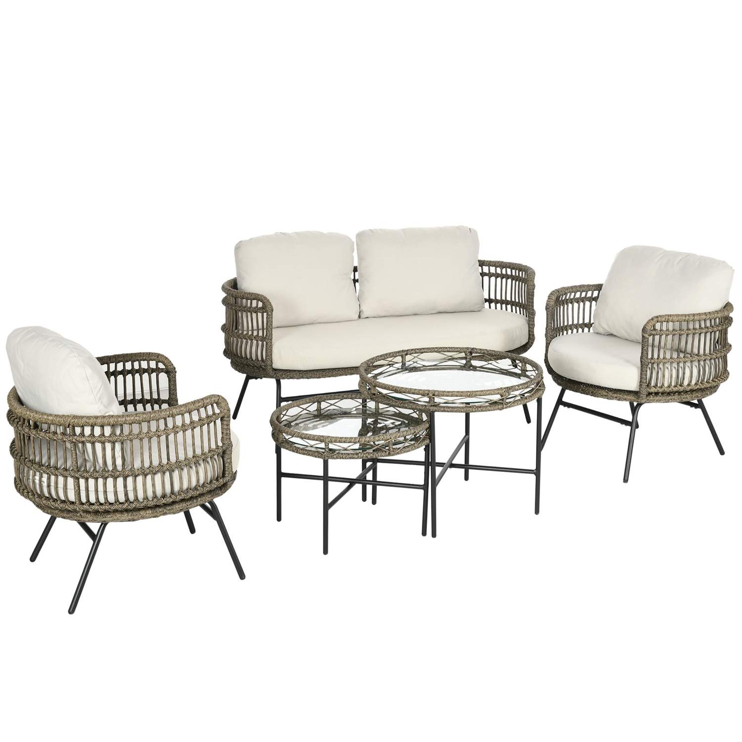 Havemøbelsæt 5 stk siddesæt i rattan med hynder 2 lænestole 2 sofaborde 1 dobbeltsofa Balkonmøbler i boho-stil til 4 personer al