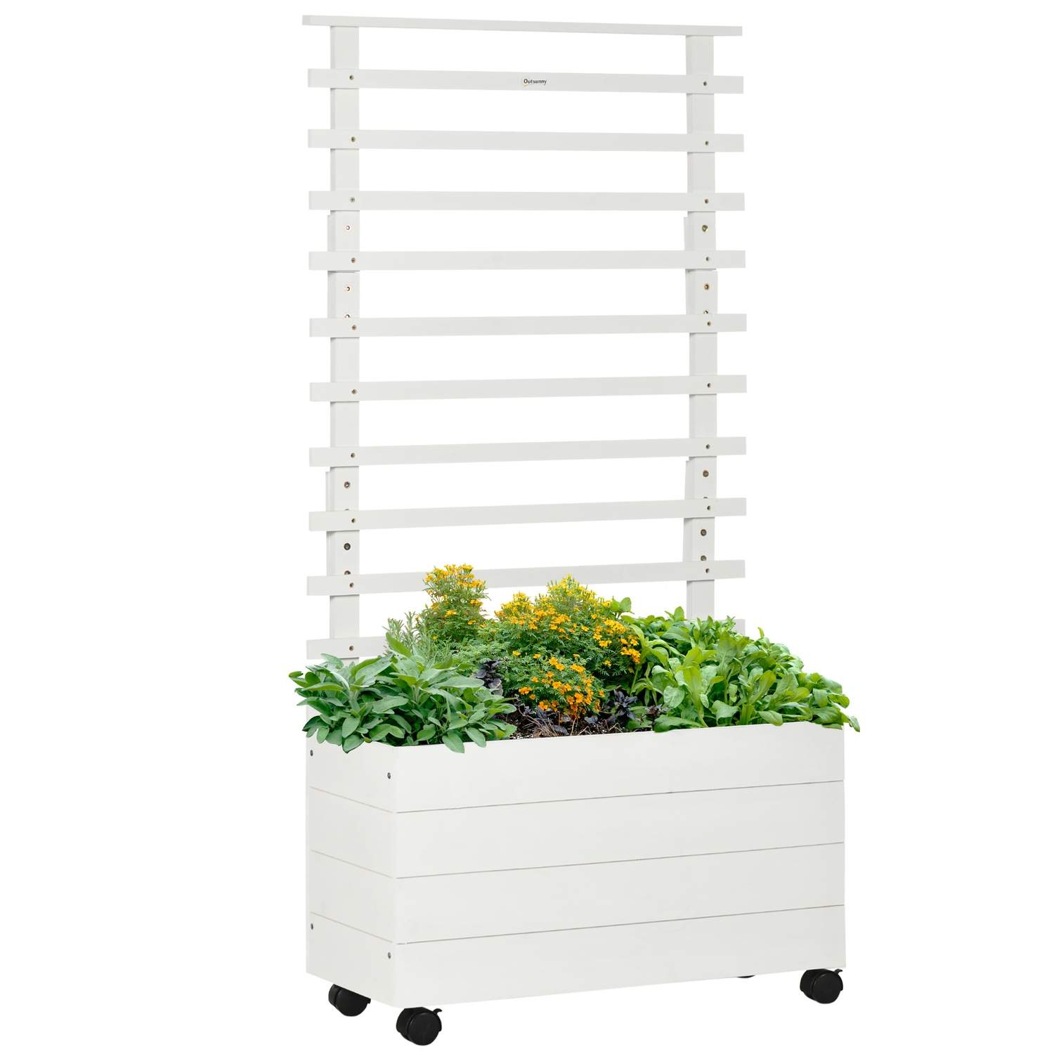Plantekasse med espalier, blomsterkasse med hjul, højbed til klatreplanter, naturtræ, hvid, 76 x 30 x 155 cm til haven