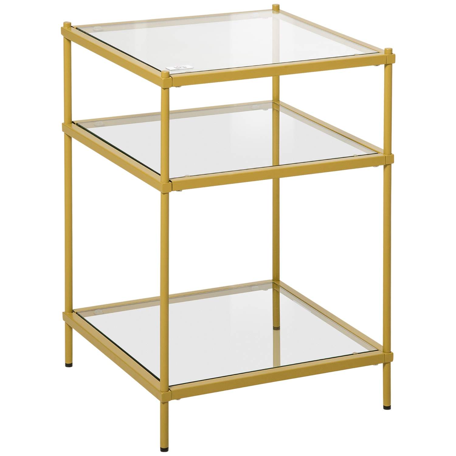 Sidebord med 3 glashylder Sofabord Sengebord med 3 hylder med stålstel Indendørs Udendørs Glas Guld 40 x 40 x 60 cm