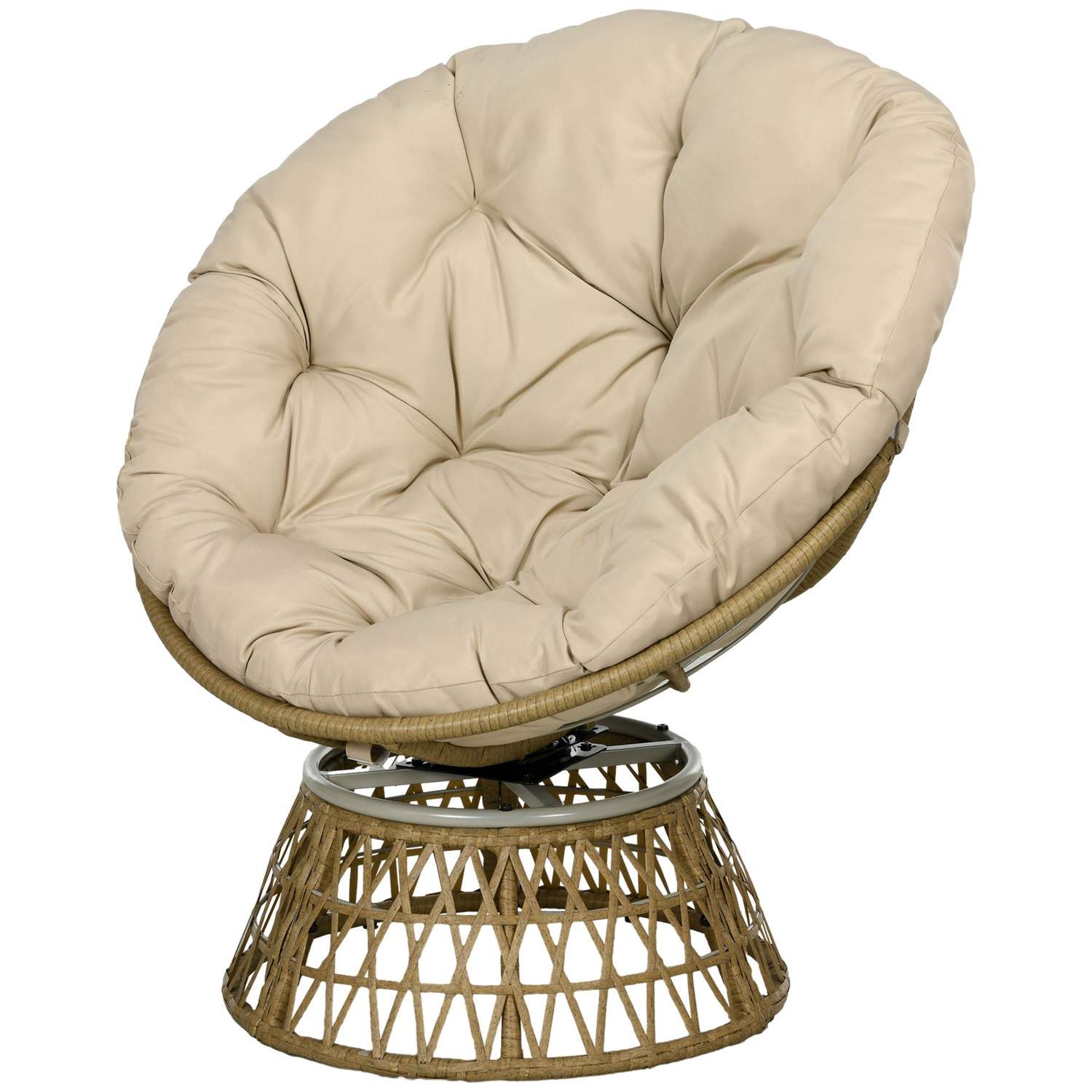 Papasan stol kurvestol drejestol i rattan med hynde 360 ​​graders justerbar fodstøtte 85x70x82 cm i kaki til have og stue