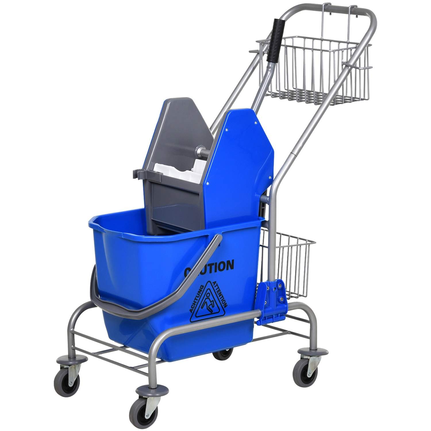 Rengøringsvogn husholdningsvogn professionel bagepressespand 26 L + opbevaringskurv blå 73L x 45W x 95H cm Aosom
