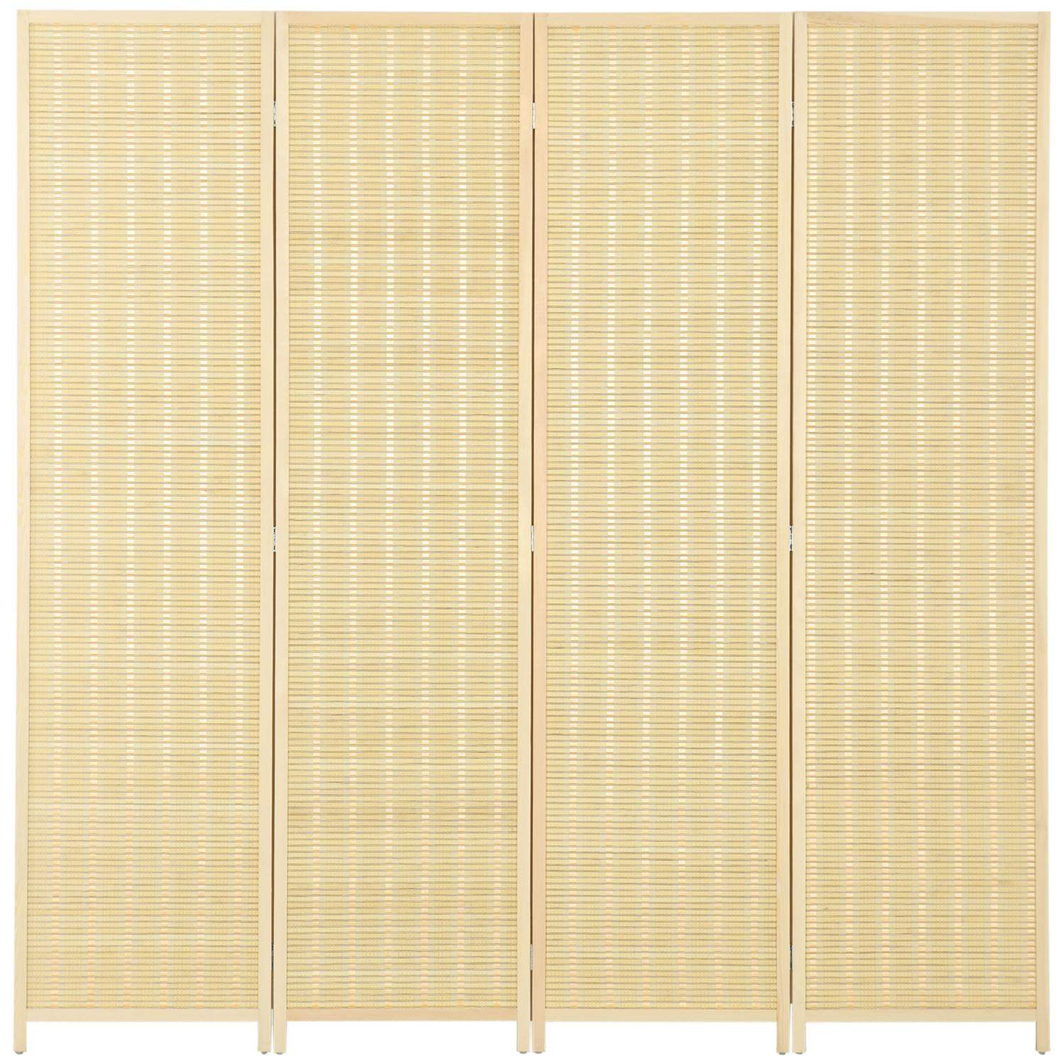 Skærm 4-delt 180 x 180 cm rumdeler lavet af bambus, foldbar privatskærm, rumdeler til stue, naturlig