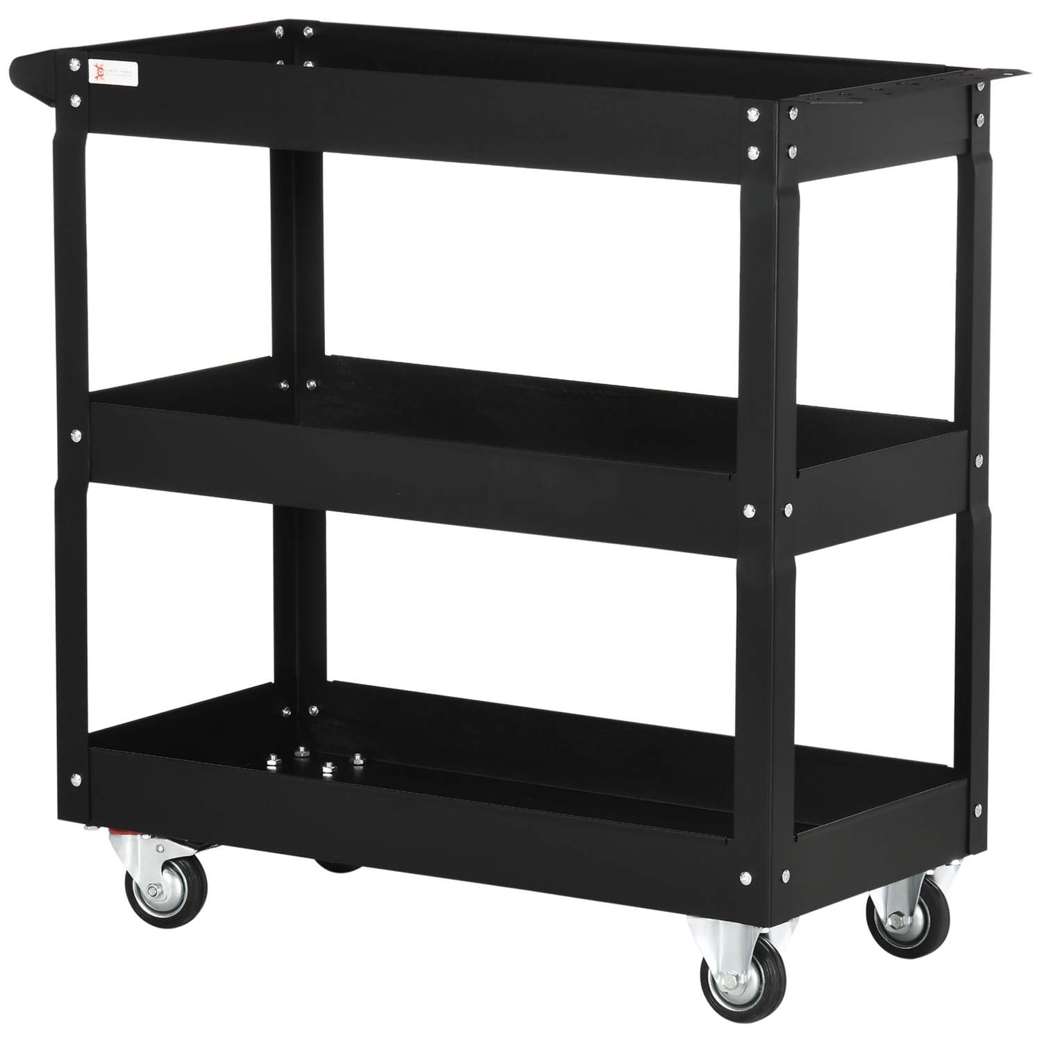 Stålværkstedsvogn med 3 hylder på hjul med håndtag - max. belastning 150 kg - 83 x 35,3 x 76 cm Sort