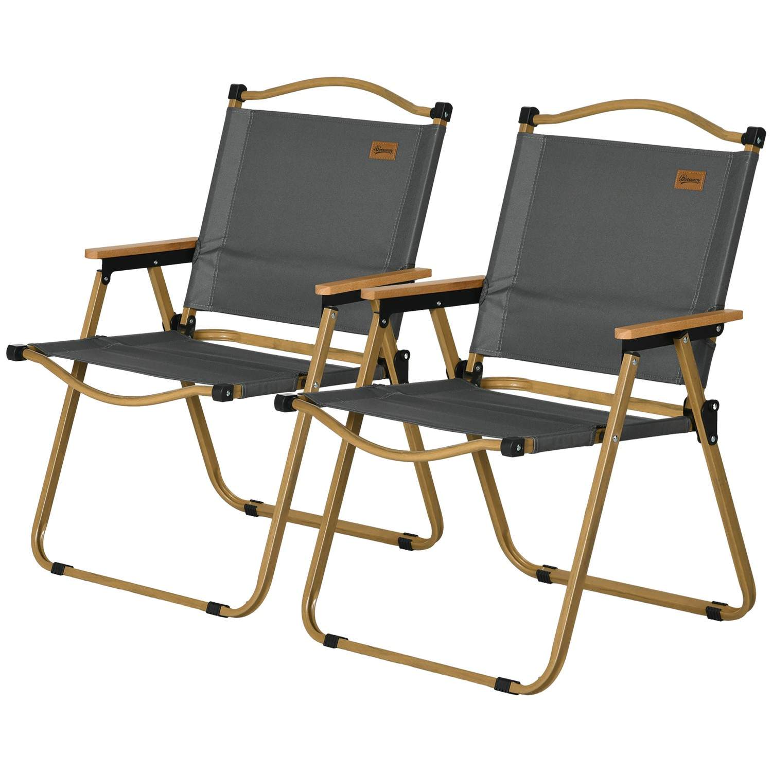 Campingstolesæt med 2 sammenklappelige havestole med stålstel, trælook, klapstole til pool, strand, Oxford, mørkegrå