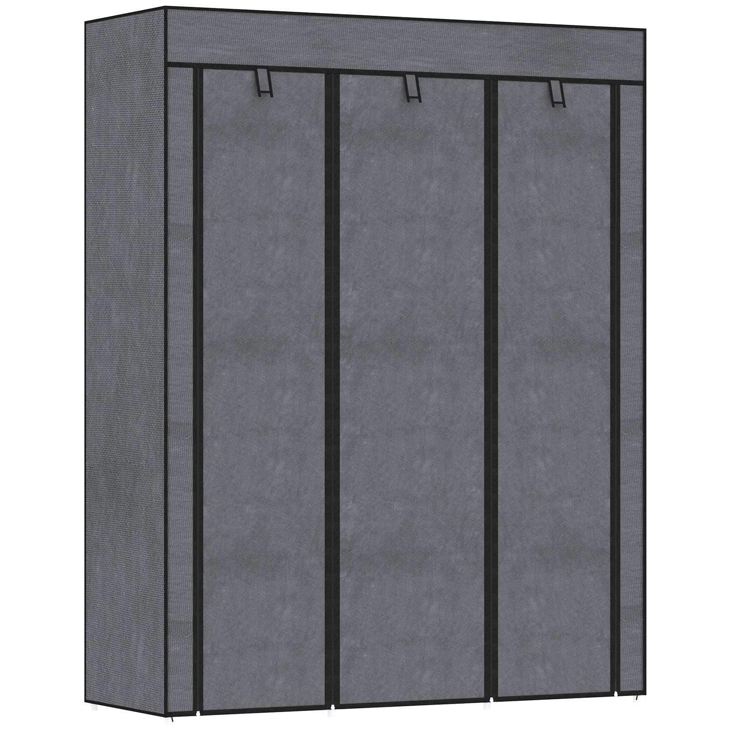 Stofgarderobe, garderobe med bøjlestang, 8 plan, foldegarderobe, foldbar garderobe til soveværelse, entre, fiberdug, mørkegrå, 1