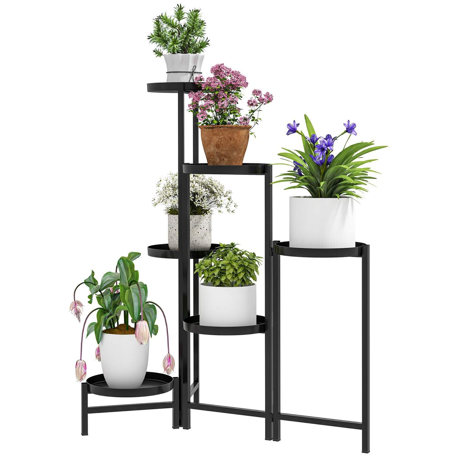 6-lags plantestativ med tabletter, foldbart blomsterstativ til indendørs brug, metal plantehylde, flerlags blomsterhylde, 80 cm