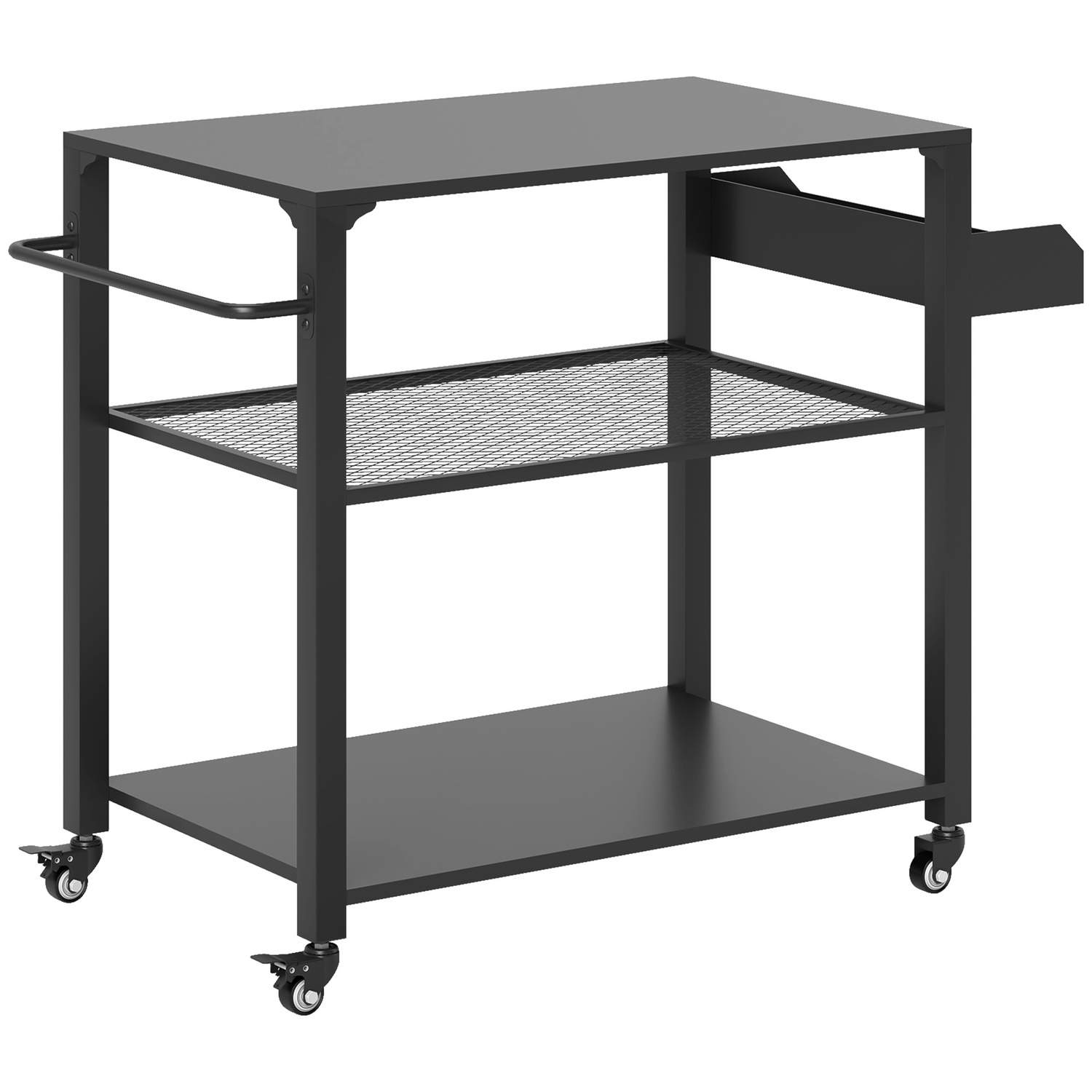 Grillvogn 3-etagers serveringsvogn med arbejdsflade hylder hjul, BBQ grillbord i rustfrit stål, grill sidebord, udendørs vogn, k