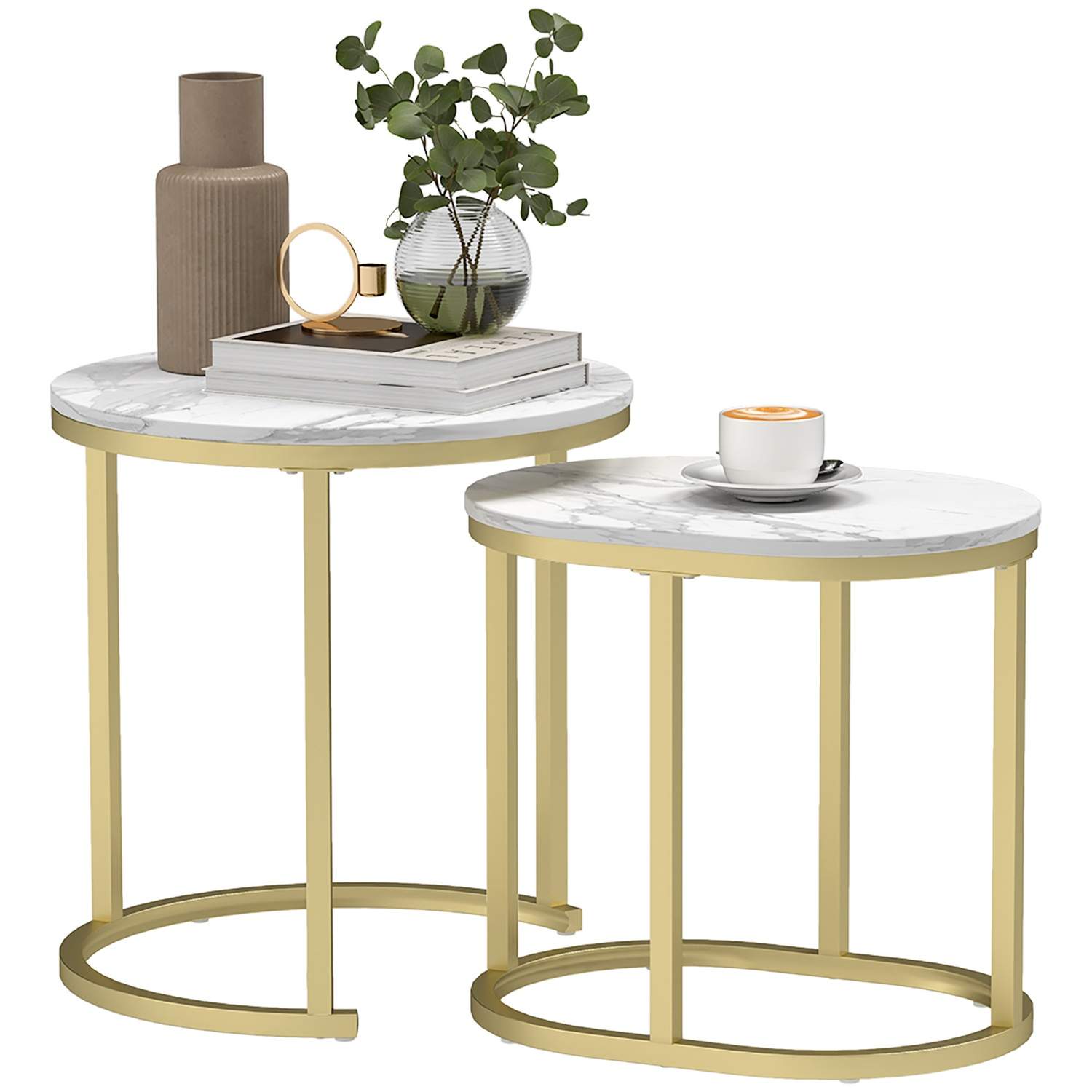 Rundt sofabord sæt med 2 stabelbare sideborde med stålstel, stuebord sofabord til stue soveværelse hvid Aosom