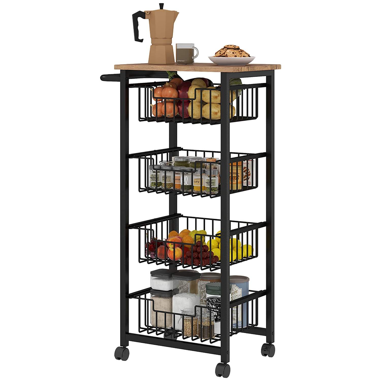 Køkkenvogn serveringsvogn med bordplade, 4 udtrækbare stålkurve, vogn til kontor, 49,5 x 31 x 91 cm, eg