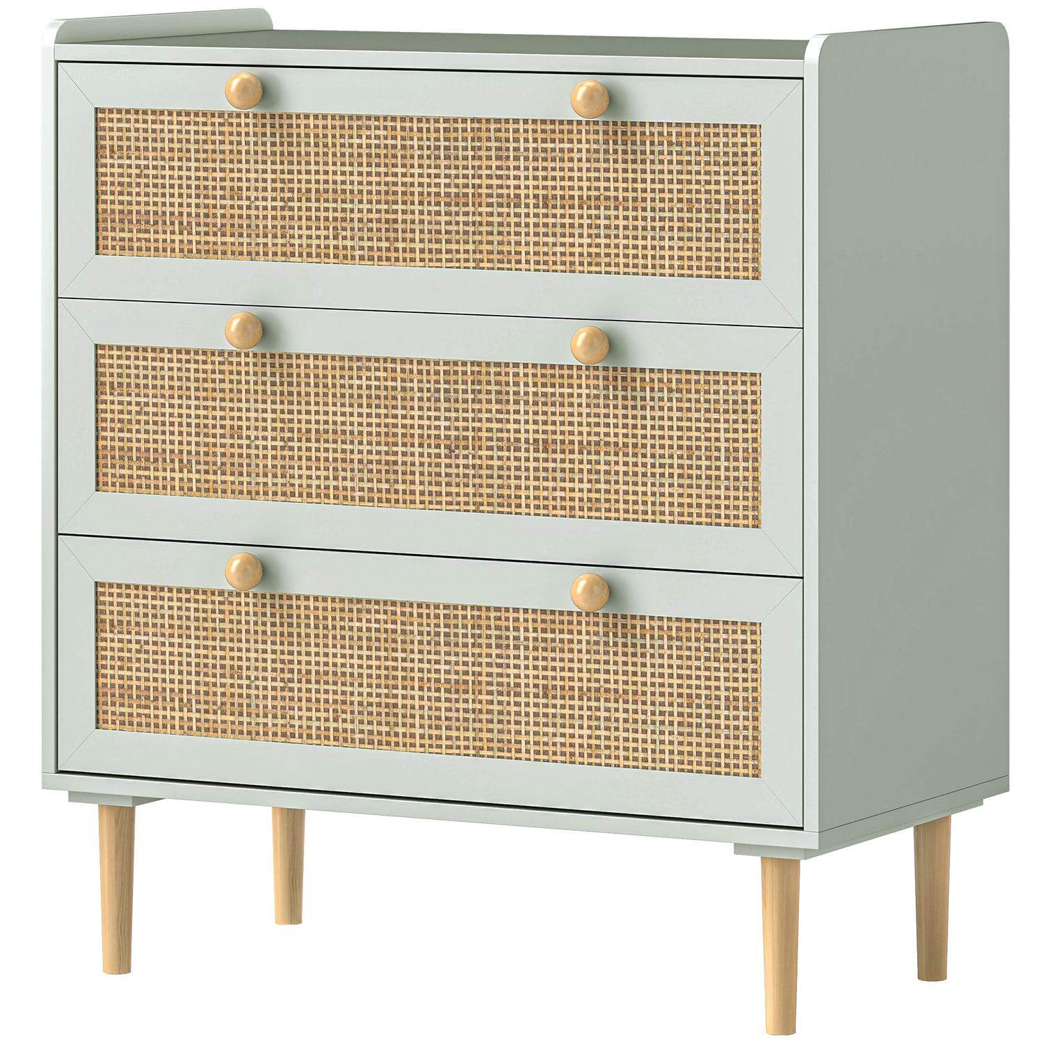 Kommode sideskab med 3 skuffer, skænk med boho stil, rattan look, skuffe kommode til stue, soveværelse, lyseblå 80 x 40 x 87,5 c