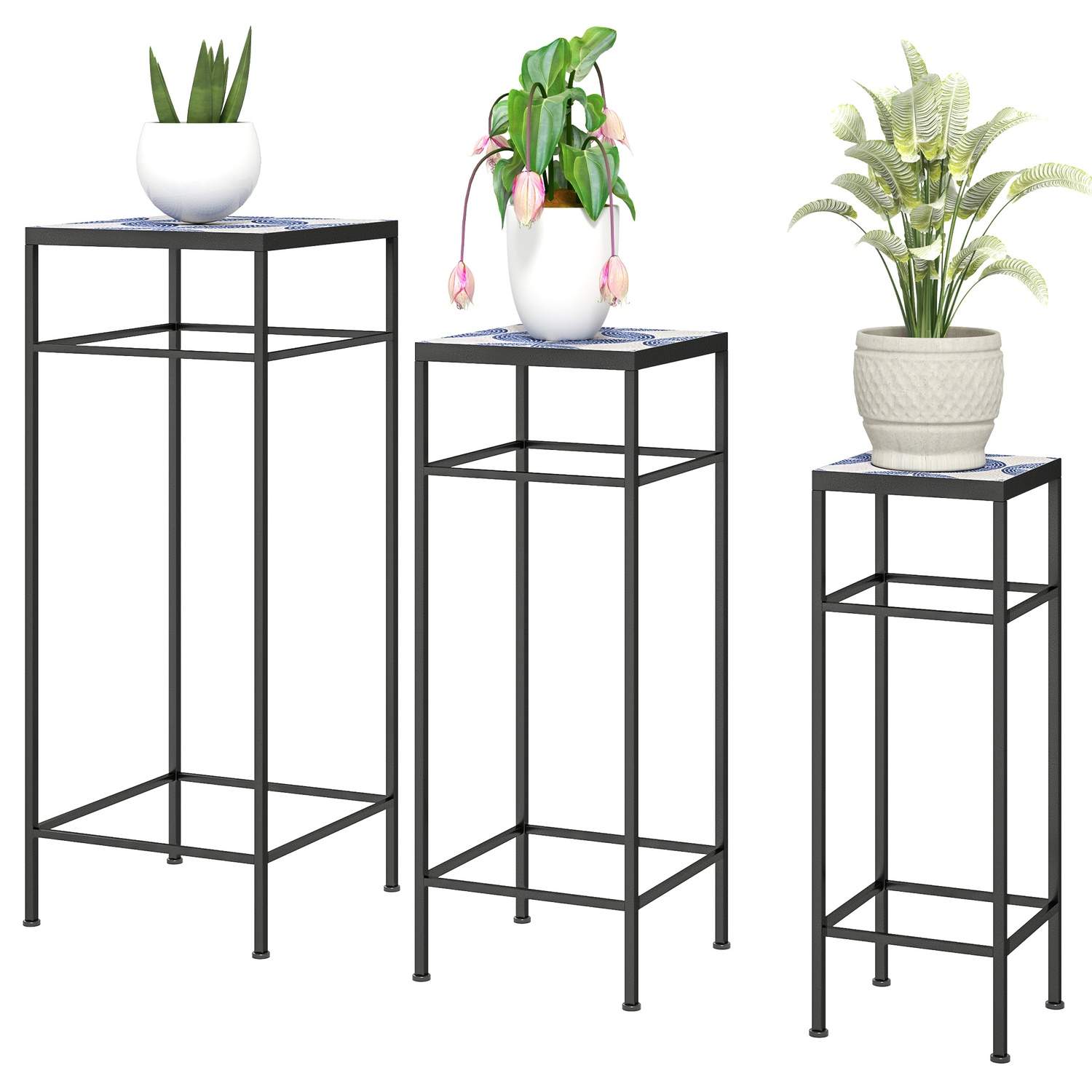 Sæt med 3 plantestativer, 71 cm høj blomsterstander til indendørs brug, plantehylde af metal, 3 blomsterhylder i forskellige stø