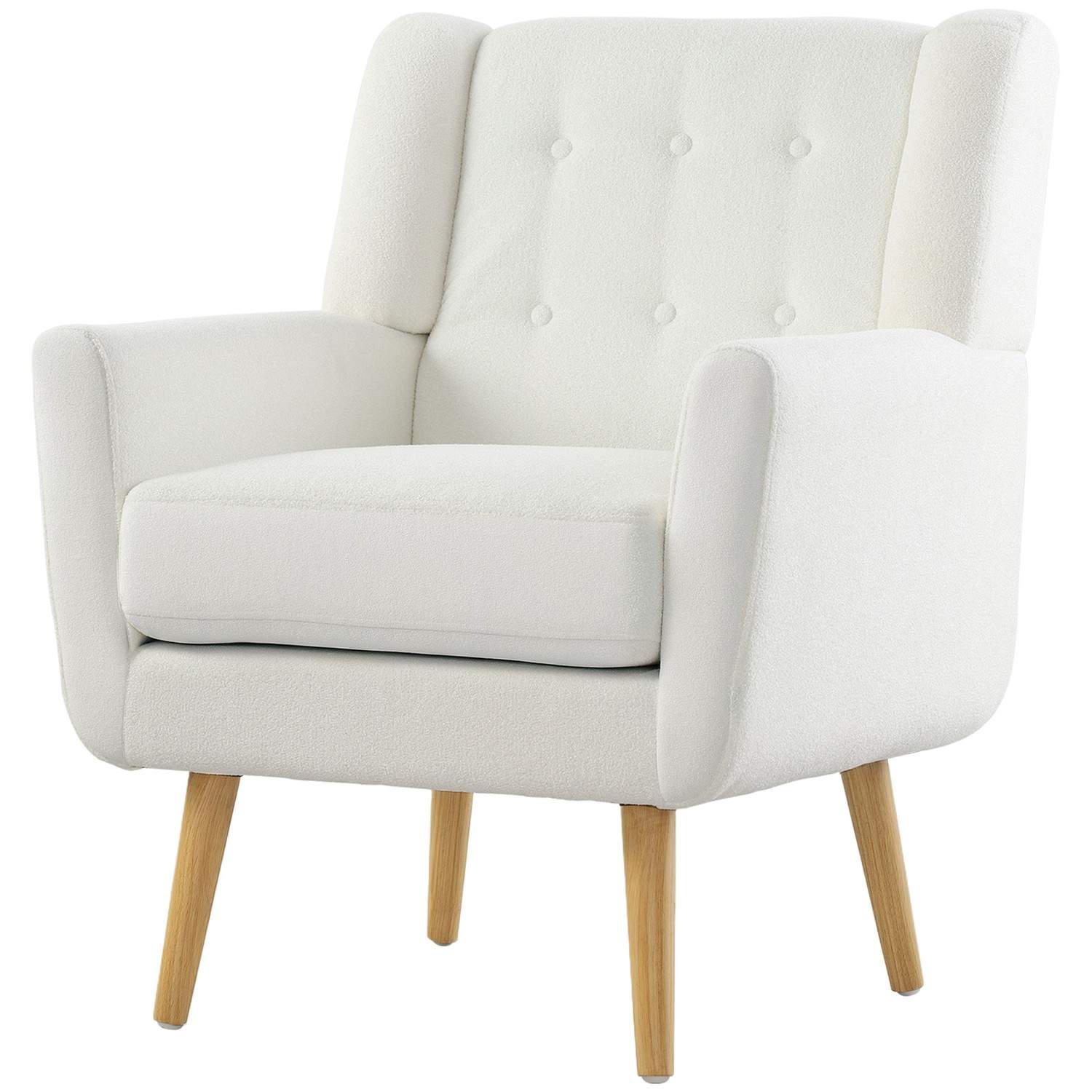 Lænestol Stue Wing Stol Polstret Tuftet Lounge Chair Afslapningsstol med Teddy Fleece Look Træben Polstret Stol til Soveværelse
