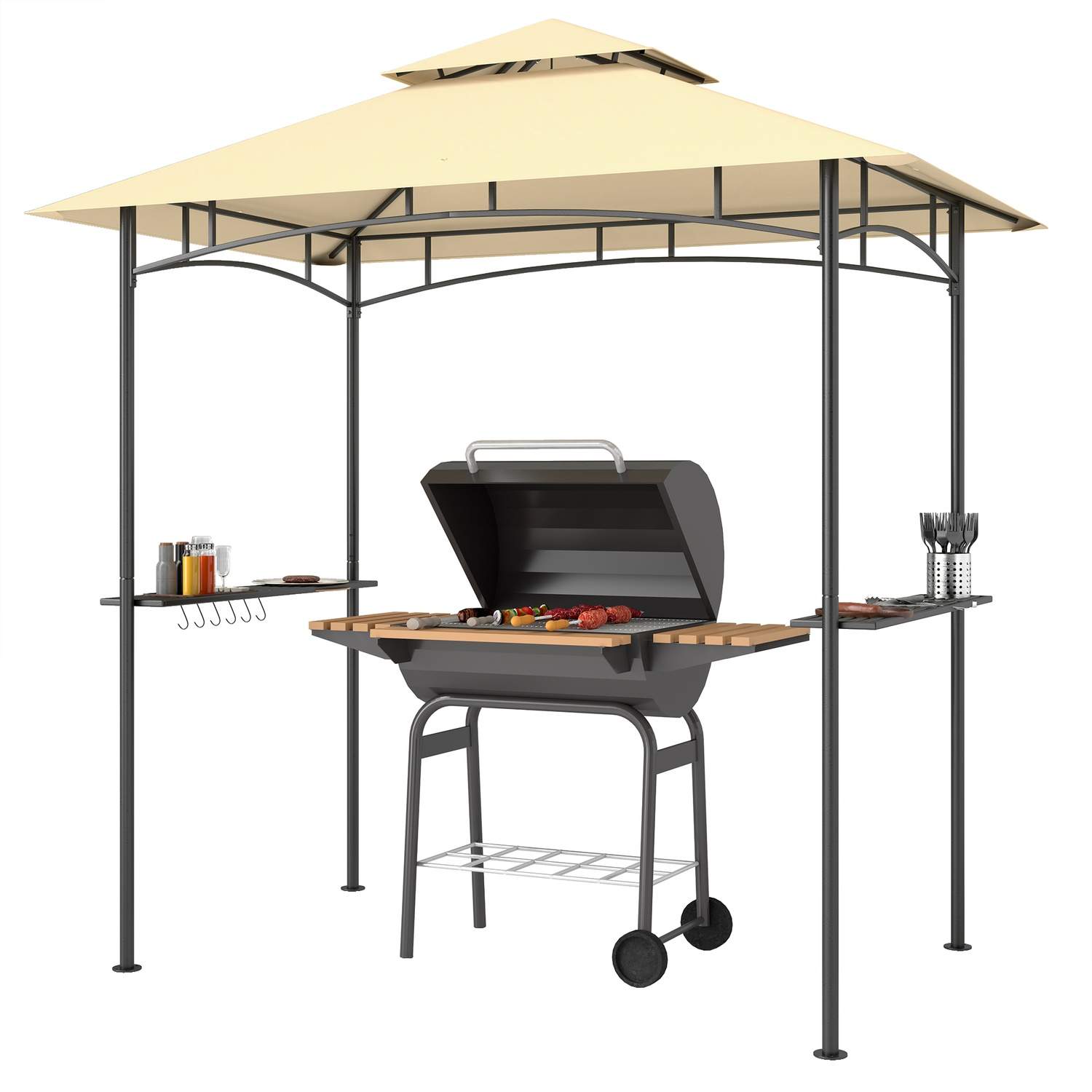 Grillpavillon med LED 240 x 150 x 258 cm vandafvisende flammehæmmende havepavillon med dobbeltlagstag, sidehylder, lysthus med U