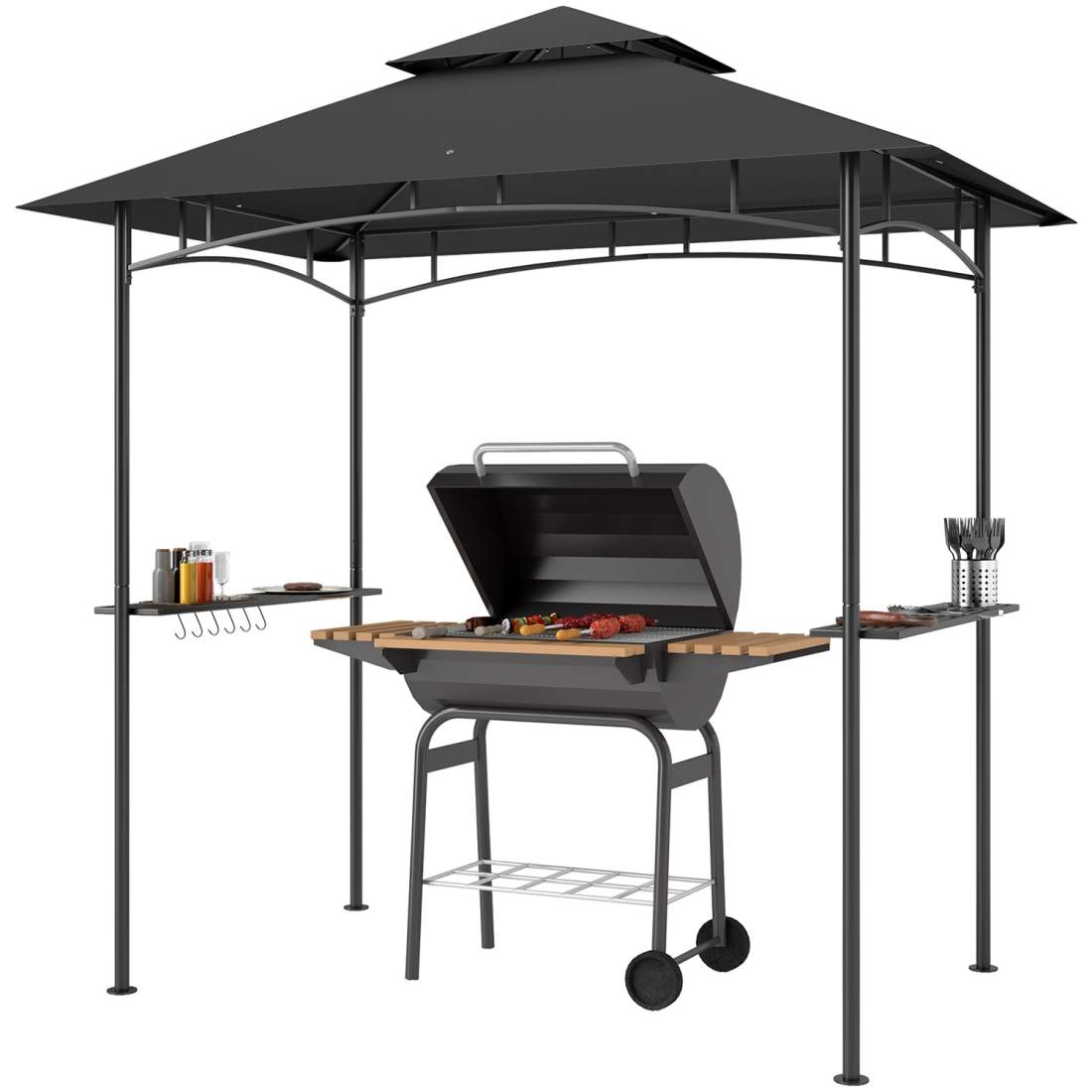 Grillpaviljong med LED 240 x 150 x 258 cm vattenavvisande flamskyddad trädgårdspaviljong med dubbelskiktstak, sidohyllor, lusthu | Hem & Hobby | Pryloteket