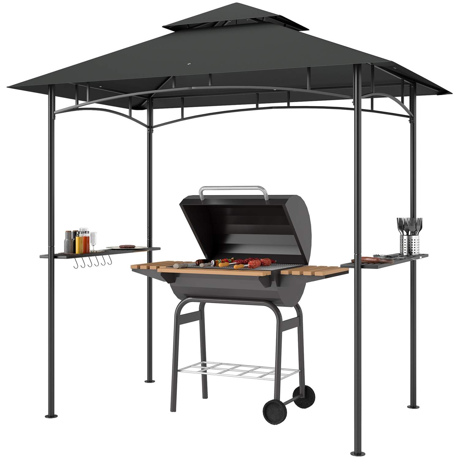 Grillpavillon med LED 240 x 150 x 258 cm vandafvisende flammehæmmende havepavillon med dobbeltlagstag, sidehylder, lysthus med U