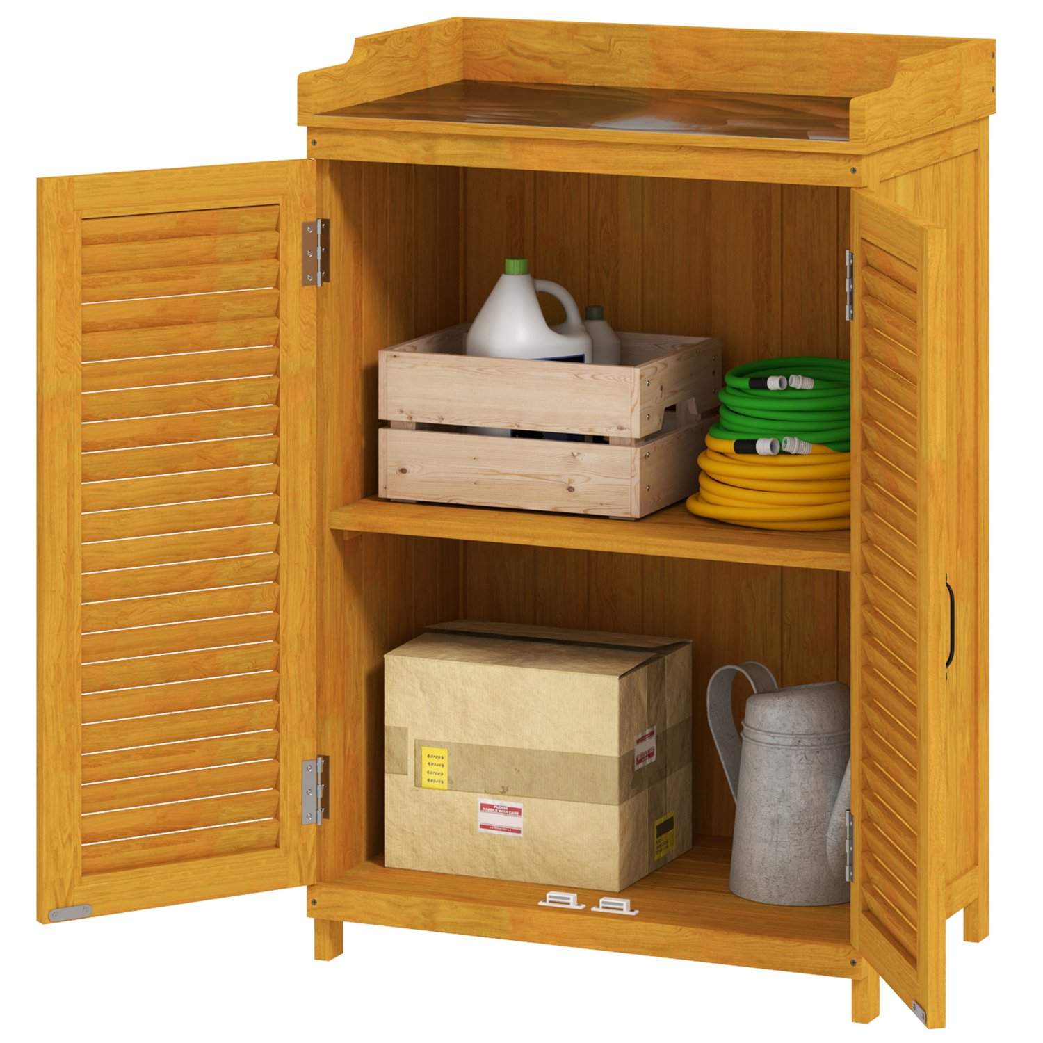 Haveskab i træ, redskabsskur med bordplade, vejrbestandigt udstyrsskab, 65,5x40x98,5cm, redskabsskur med lameldør, hylder, redsk