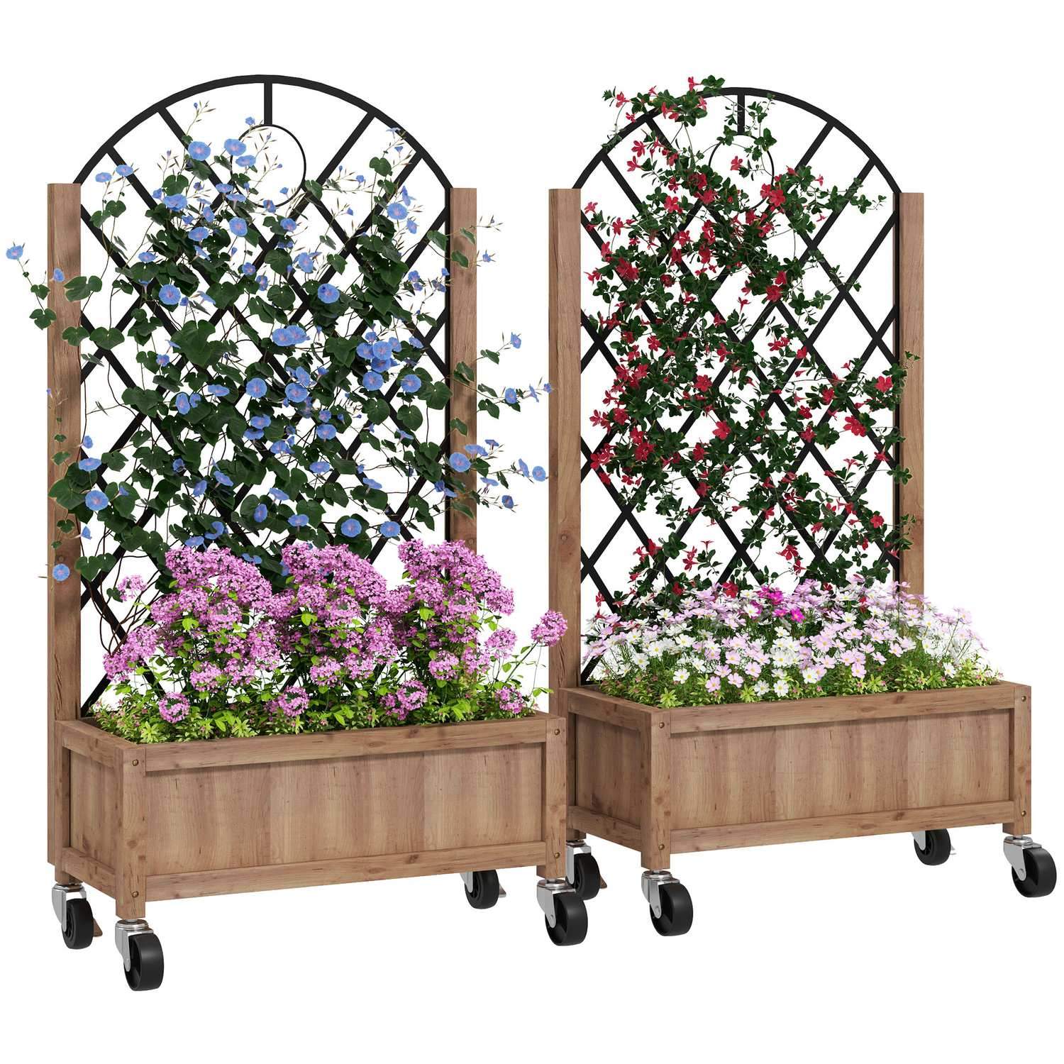 Sæt med 2 højbedsplantekasser med ruller, espalier, espalierplantepotte, blomsterkasse, træ, haveespalier 152 x 25 x 97 cm til h