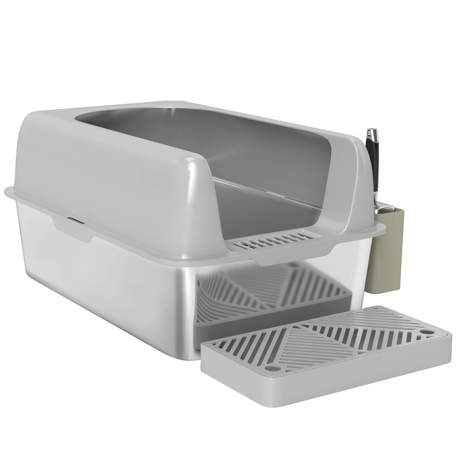 Kattebakke med låg, kattebakke med scoop, balje i rustfrit stål, kattetoilethus med opbevaringsboks til katte under 4,5 kg, inde