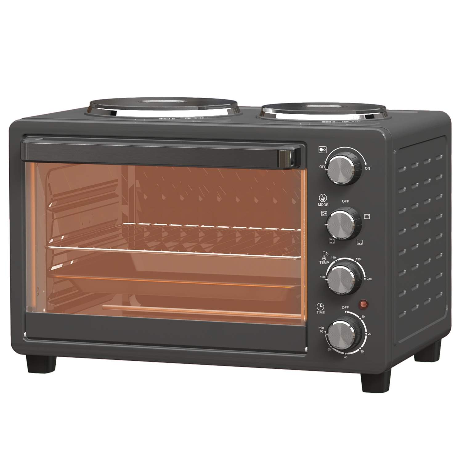 Miniovn 28 L 2600W Miniovn 100-230? 60 min. timer, med 2 varmeplader, bageplade og grillrist. Pizzaovn med krummebakke, bakkegre