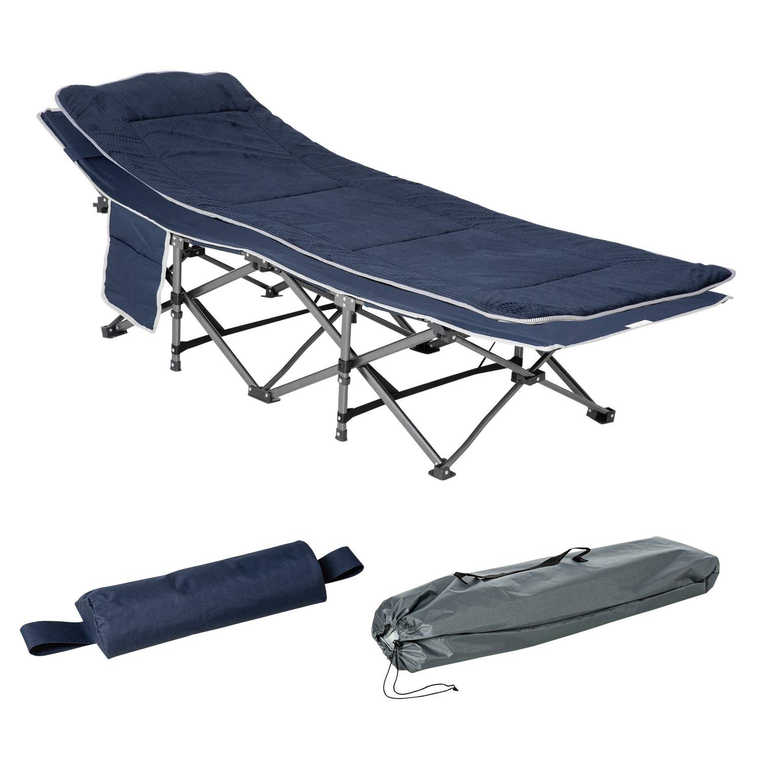 Campingseng, klapseng, klapseng med pude, sidelomme, madras, gæsteseng, kan holde op til 150 kg, rejse, udendørs, Oxford, mørkeb