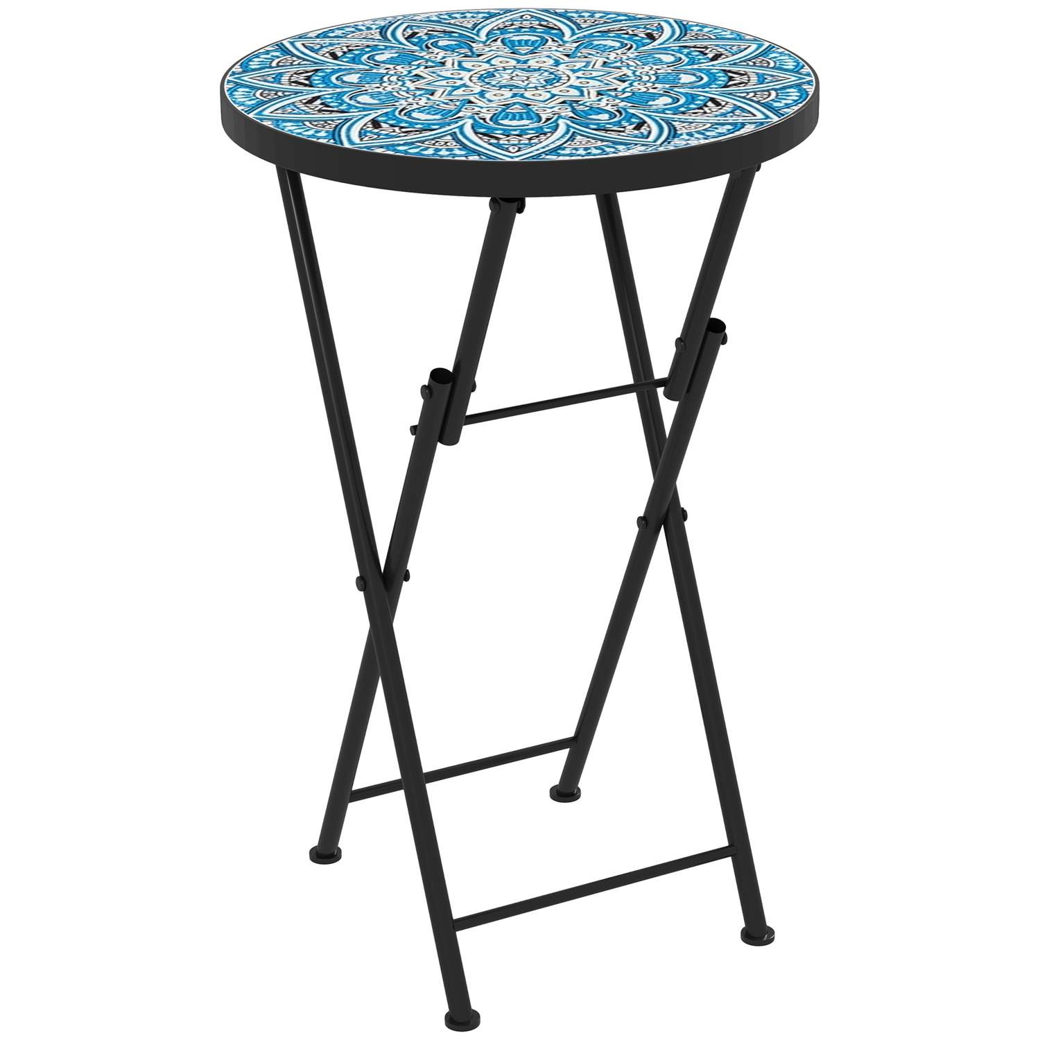 Sidebord, foldbart havebord med mosaikdesign, diameter 35,5 x 55 cm, rundt vejrbestandigt altanbord af metal, campingbord, klapb