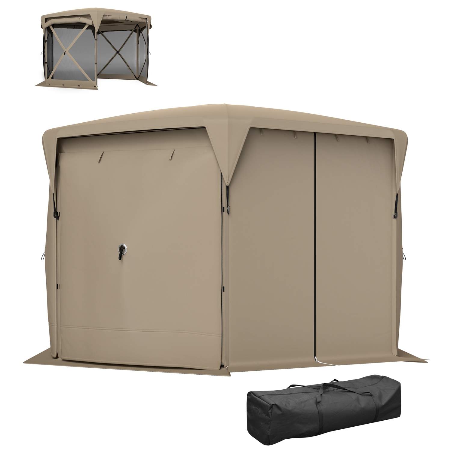 Sekskantet pavillon ca. 3,5x3m pop-up foldepavillon med aftageligt tag UV 30+ foldbart vandtæt partytelt havetelt med 5 sidepane