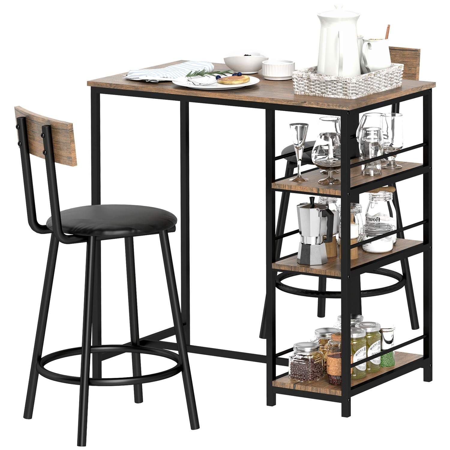 Barbord med barstolssæt, 3 stk. Barbordsæt med køkkenbord 3 hylder 2 barstole Moderne stil Spisestue Køkken Stål Eg Aosom