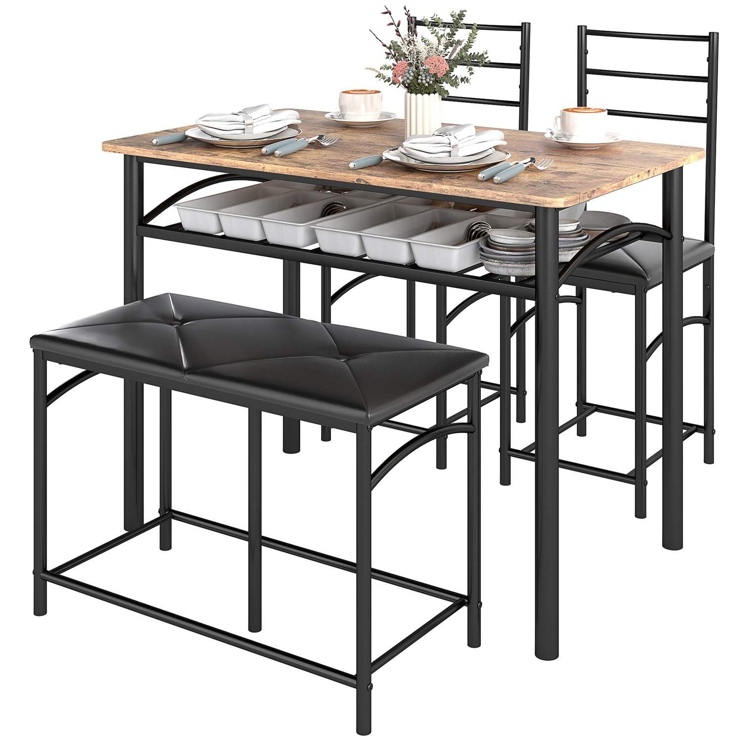 4 stk. Spisebord, spisebord med 2 stole, bænk, pladsbesparende spisestuegruppe, spisebordssæt til små rum, køkken, spisestue, br