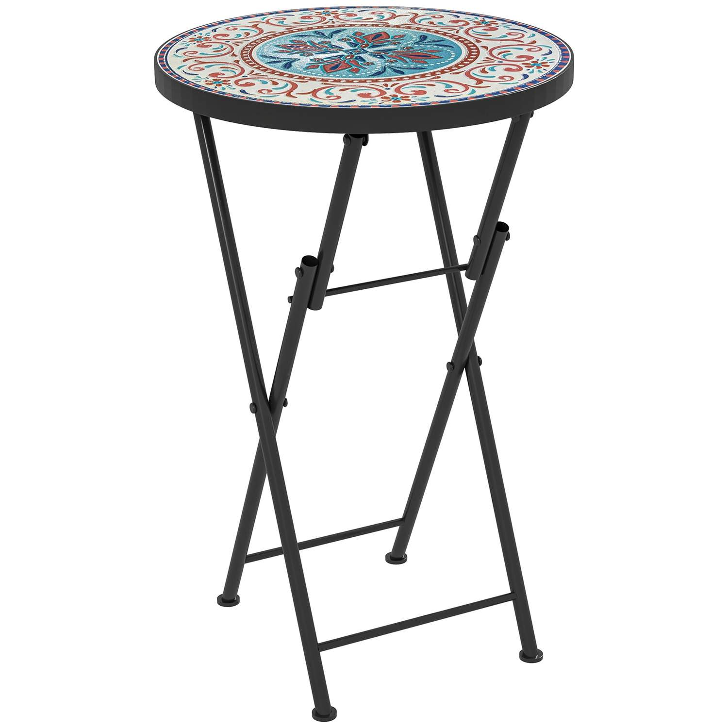 Sidebord, foldbart havebord med mosaikdesign, diameter 35,5 x 55 cm, rundt vejrbestandigt altanbord af metal, campingbord, klapb